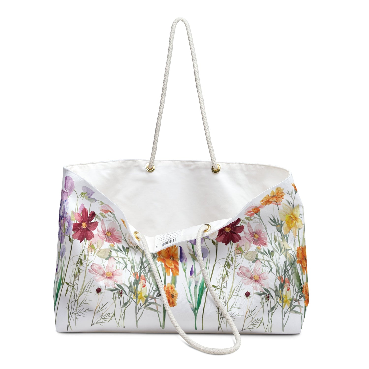 This enchanting floral artwork features a vibrant array of hand-painted wildflowers in shades of red, yellow, purple, and orange, set against a crisp white background.