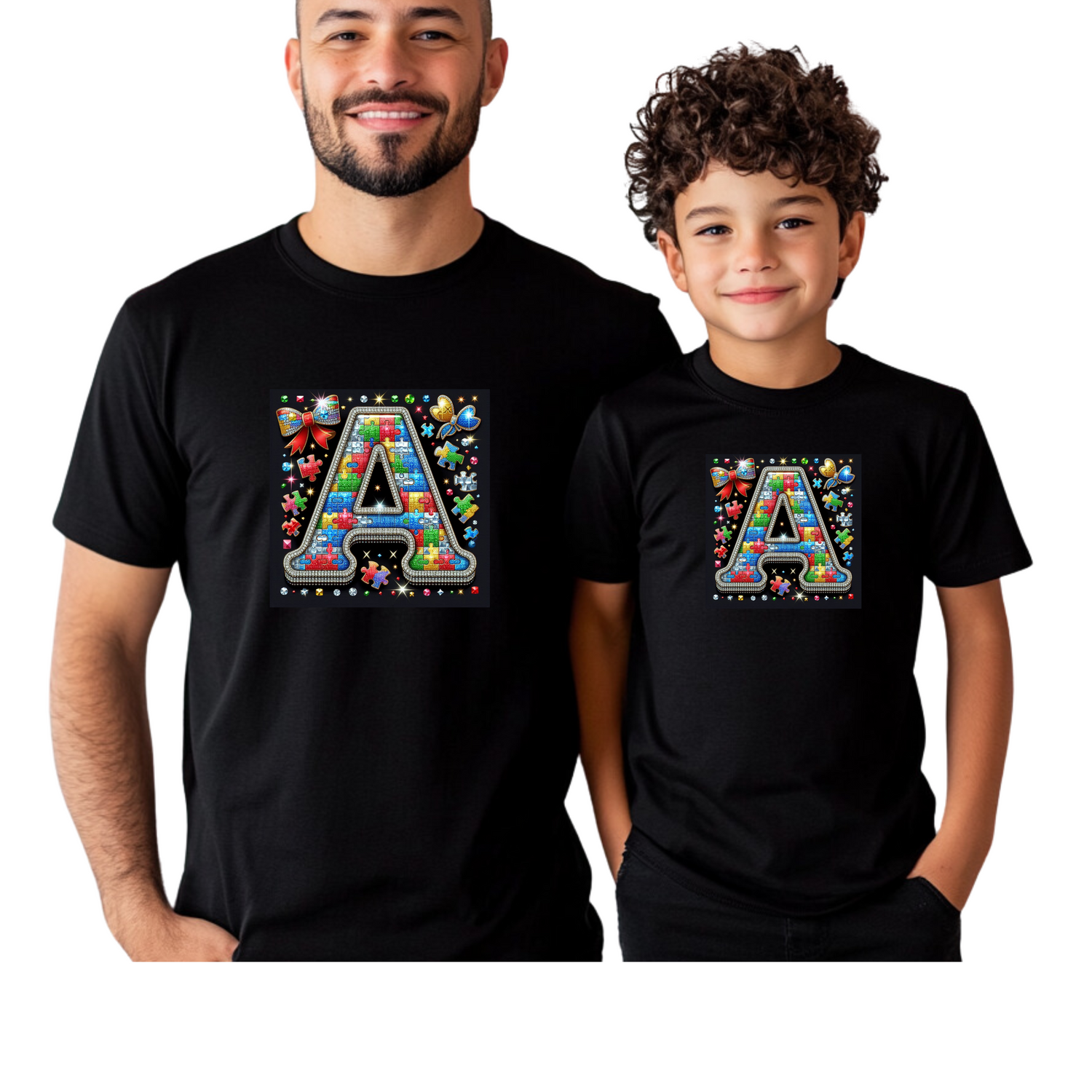 This stunning design features a bold, gem-encrusted letter "A" meticulously crafted with multicolored puzzle pieces, symbolizing connection, individuality, and unity. Set against a sleek black background with dazzling