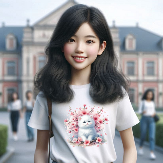 Adorable Floral Kitten Kids Tee